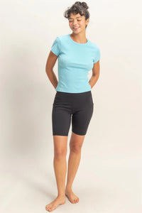 Minimal Chic Ribbed Crew Neck Basic Tee - Blue