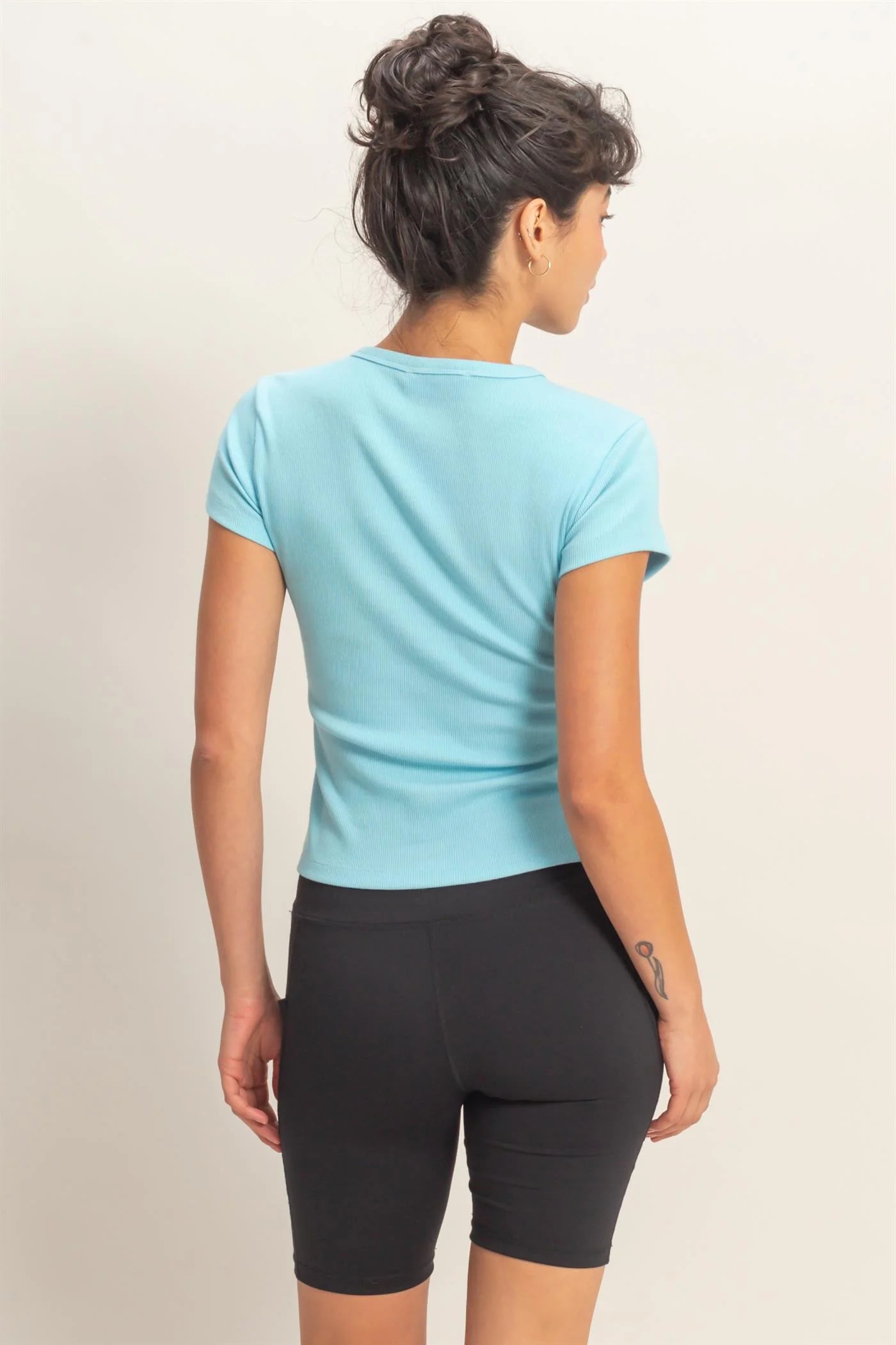 Minimal Chic Ribbed Crew Neck Basic Tee - Blue