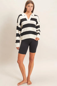 Varsity Collared Striped Knit Sweater Top - Cream/Black