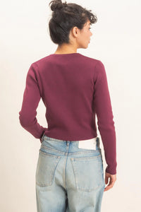 Wine & Dine Button Up Knit Long Sleeve Top - Dark Cherry