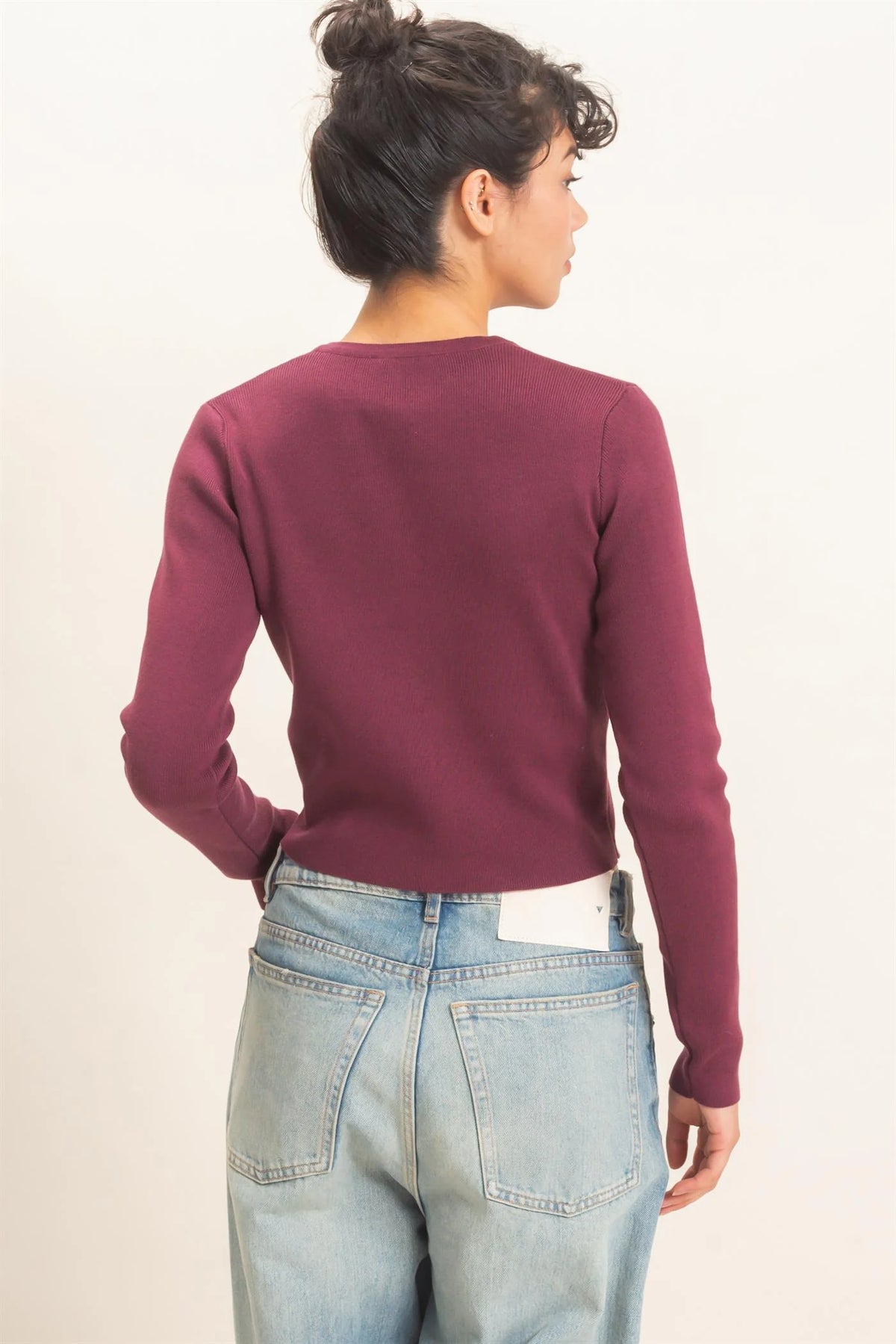 Wine & Dine Button Up Knit Long Sleeve Top - Dark Cherry