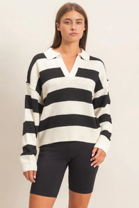 Varsity Collared Striped Knit Sweater Top - Cream/Black