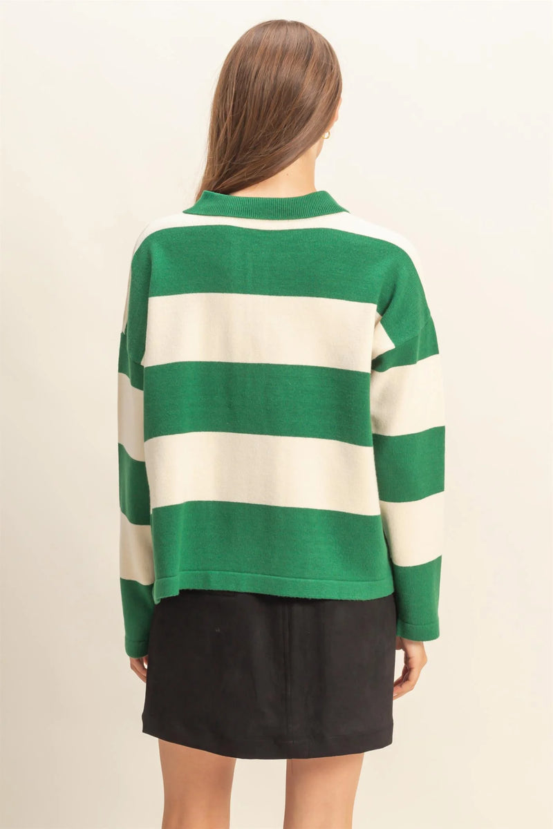 Styled In Stripes Polo Button Collar Sweater Top - Green