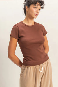 Minimal Chic Ribbed Crew Neck Basic Tee - Brown