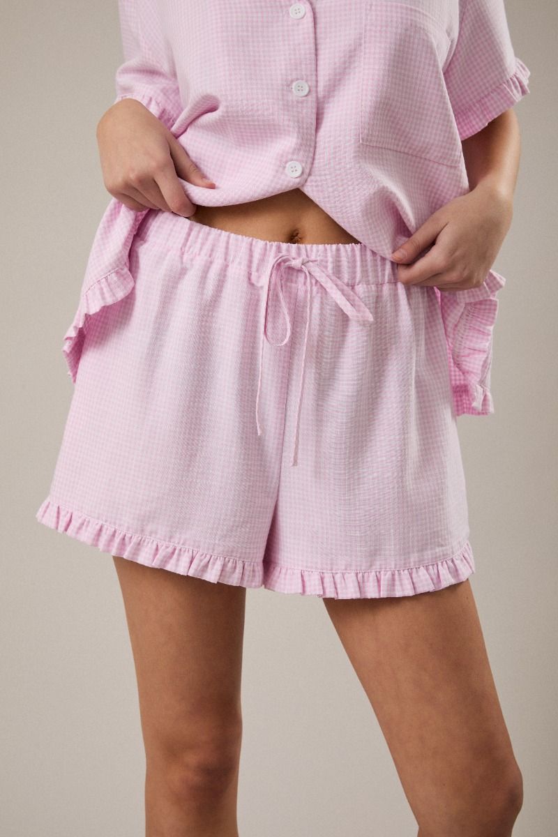 Sweet as Pie Pink Gingham Drawstring Ruffle Trim Shorts
