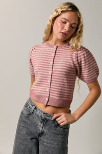 Dusty Rose Blush Knit Striped Short Sleeve Blouse