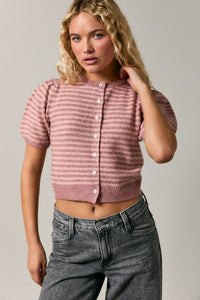 Dusty Rose Blush Knit Striped Short Sleeve Blouse