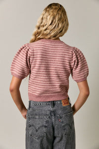 Dusty Rose Blush Knit Striped Short Sleeve Blouse