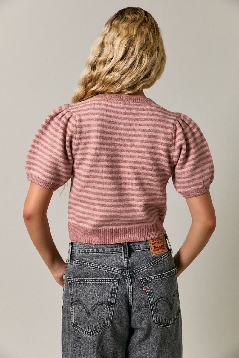 Dusty Rose Blush Knit Striped Short Sleeve Blouse