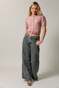Dusty Rose Blush Knit Striped Short Sleeve Blouse