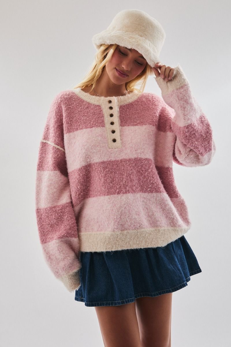 Homebody Striped Henley Sweater - Shades of Pink