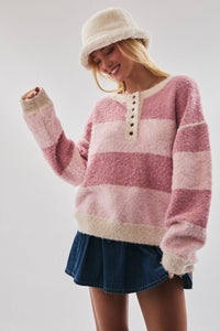 Homebody Striped Henley Sweater - Shades of Pink