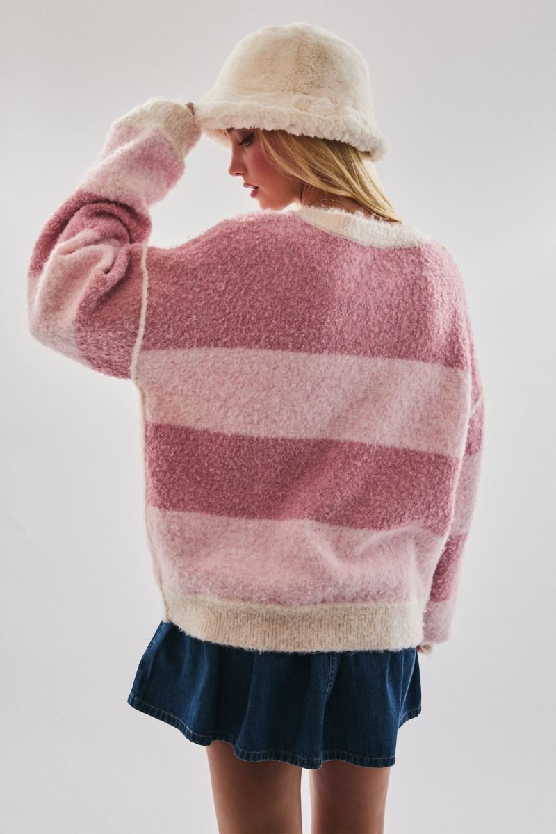 Homebody Striped Henley Sweater - Shades of Pink