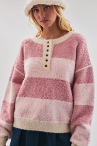 Homebody Striped Henley Sweater - Shades of Pink