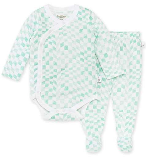 Wavy Check Wrap Bodysuit & Footed Pant Set - Mint