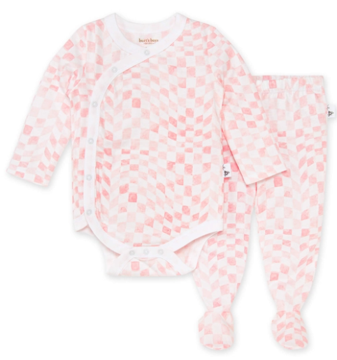 Wavy Check Wrap Bodysuit & Footed Pant Set - Pink