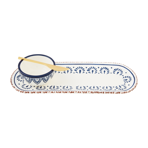 Blue Painted Floral Tray and Dip Set