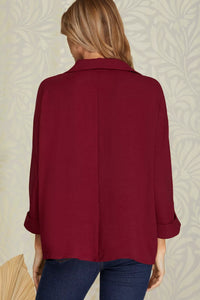 Sophisticated Sleek 3/4 Collared Woven Top - Wine