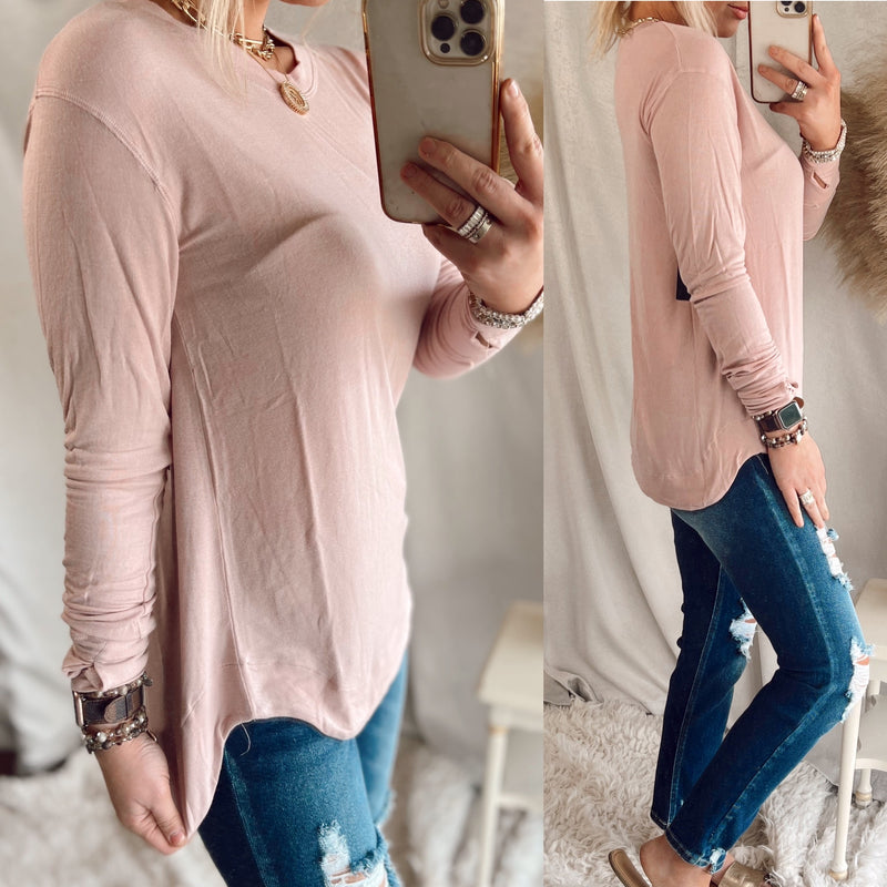 Essential Long Sleeve Ribbed Top- Rose